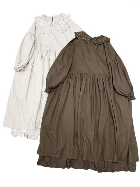 Vestidos informales Estilo literario japonés Muñeca dulce Cuello Cintura suelta Vestido de tirón Otoño en volantes de encaje de mujer con fondo Midi Robe