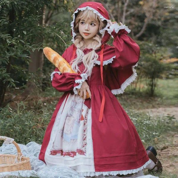 Vestidos casuales Japonés Little Red Riding Vintage Lolita Vestido Mujeres Año Lindo Arco Impreso Ruffles Correa con capucha Poncho