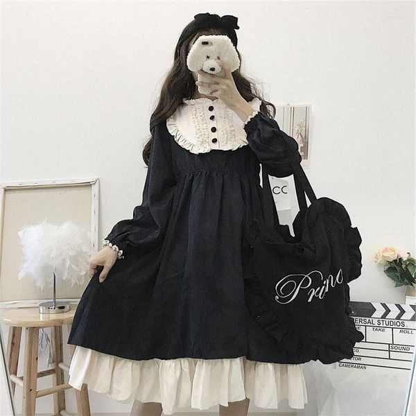 Vestidos casuales Estilo japonés Lolita Otoño Vestido de mujer Cuello con volantes Negro Gótico Lindo Kawaii Cosplay con forro BC969