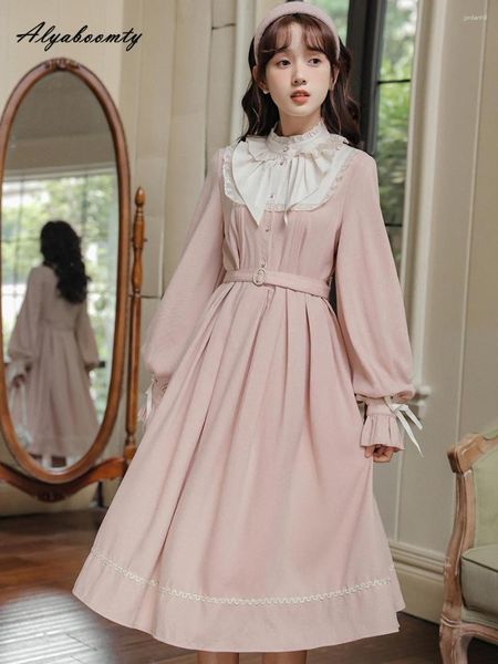 Robes décontractées Style Lolita japonais printemps automne femmes robe mi-longue col montant rose volants princesse élégante féminine en mousseline de soie