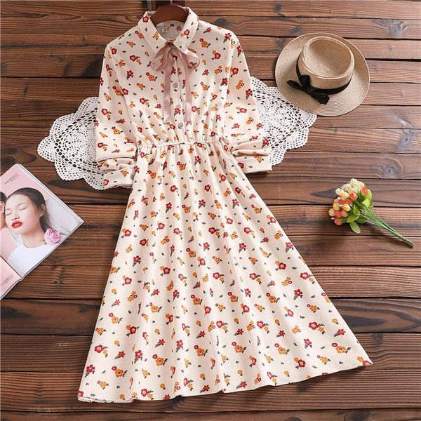 Vestidos casuales Japonés Mori Chica Albaricoque Flor Vestido de invierno Mujer Manga larga Estampado floral Pana S-XL