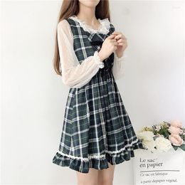 Casual jurken Japanse preppy stijl lente zomer vrouwen zonsondergang elegante geruite mouwloze jurk schattige kawaii ruches haakbuiging boogmeisjes