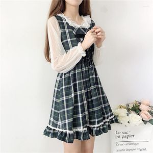 Robes décontractées style preppy japonais printemps été femmes robe d'été élégante robe sans manches à carreaux mignon kawaii volants crochet arc fille