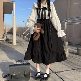 Robes décontractées Style Preppy japonais Sweety doux Girly Kawaii sangle longue robe mignon sans manches Vintage volants taille élastique Camisole