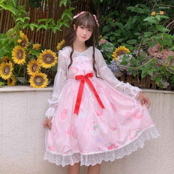 Vestidos casuales Princesa japonesa dulce lolita vestido vintage encaje bowknot lindo impresión victoriano cintura alta gótica jsk kawaii chica