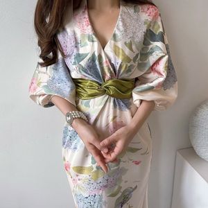 Casual jurken Japanse stijl jurk vrouwen zomer bloemen geprinte elegant feestvestido mujer lantern mouw soft satin maxi 230516