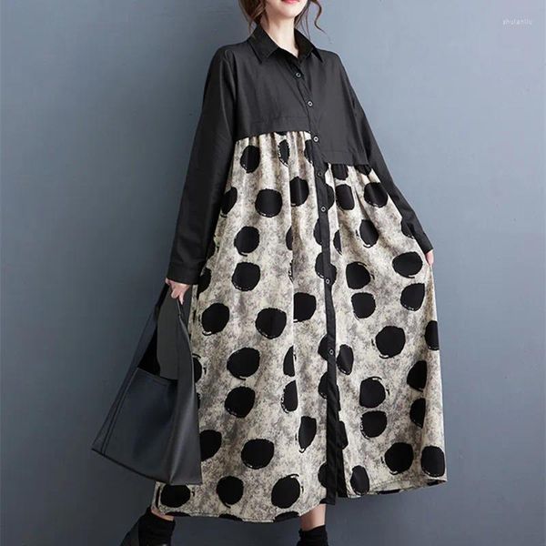 Robes décontractées Style japonais Imprimer Dot Tie Dye Patchwork Chic Fille Simple Boutonnage Lâche Automne Blouse Robe Mode Femmes Printemps
