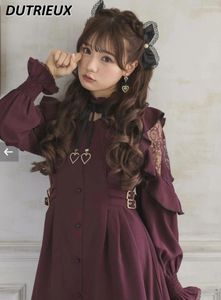Robes décontractées Style japonais Rojita Robe pour femmes Dentelle Love Pendentif à manches longues Ruban Bow Lolita Taille serrée