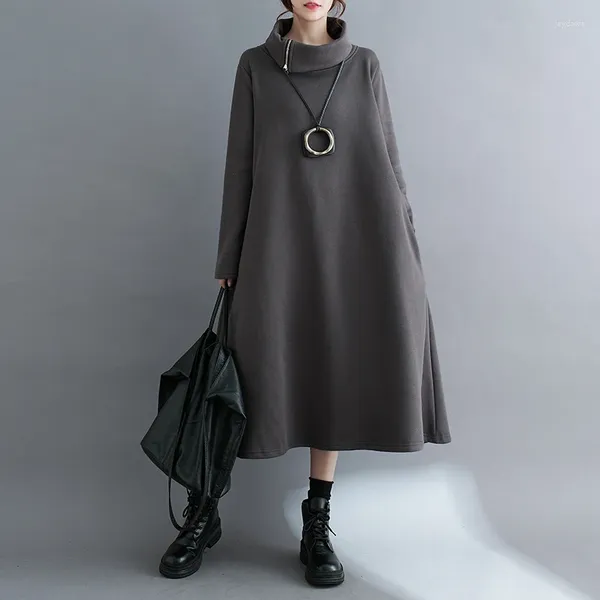 Vestidos casuales Estilo japonés Cuello alto Cremallera Espesar Cálido Otoño Invierno Outwear Sudaderas Vestido Moda Mujeres Midi Sudaderas