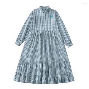 Robes décontractées Style japonais Vintage lâche bleu chemise à carreaux robe printemps à manches longues gâteau à volants longue pour les étudiants adolescents filles femmes