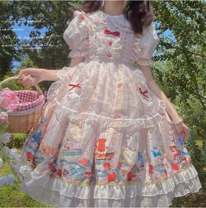 Casual jurken Japanse zomer zoete jsk lolita jurk dames kawaii kanten boog cartoon print meid prinses vrouwelijke lange mouw feest