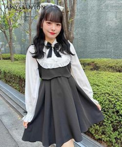 Casual jurken Japanse zoete schattige poppen kraag strik stiksel kleur kanten lange mouwen mini jurk dames herfst kawaii lolita