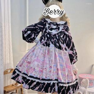 Robes décontractées japonais sweet lolita op robe femme mignon cartoon imprimer arc ruffles manches longues filles kawaii princesse fête vestidos