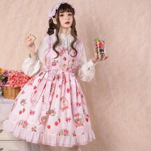 Vestidos casuales japonés dulce Lolita fresa mujeres vestido patrón suelto tirantes esponjoso lindo JK uniforme Cosplay personalizado