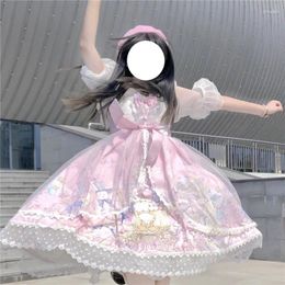 Lässige Kleider Japanische süße Lolita-Stil weiches Mädchen Frauen Kleid Kawaii Cartoons Bär Rave Party Rüschen ärmellose Schleife Spitze JSK Sling