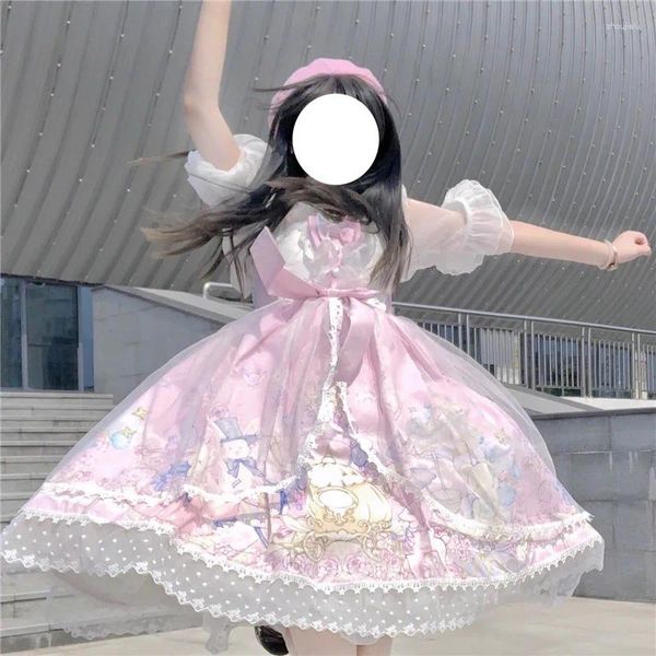 Robes décontractées japonais Sweet Lolita Style Soft Girl Femmes Habille Kawaii Cartons ours Party Rave Ruffles Sans manches