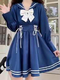 Vestidos casuales japonés dulce Mori chica elegante Patchwork mujeres vestido marinero cuello arco vendaje manga larga princesa estilo pijo Mini