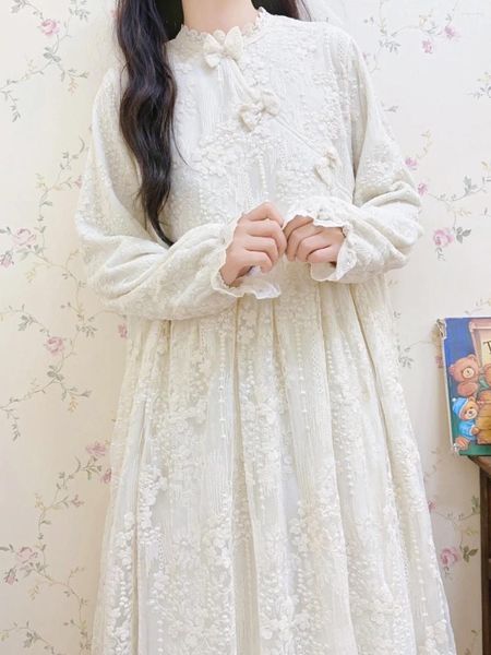 Vestidos casuales japonés dulce vintage chino vestido de arco invierno terciopelo francés hada