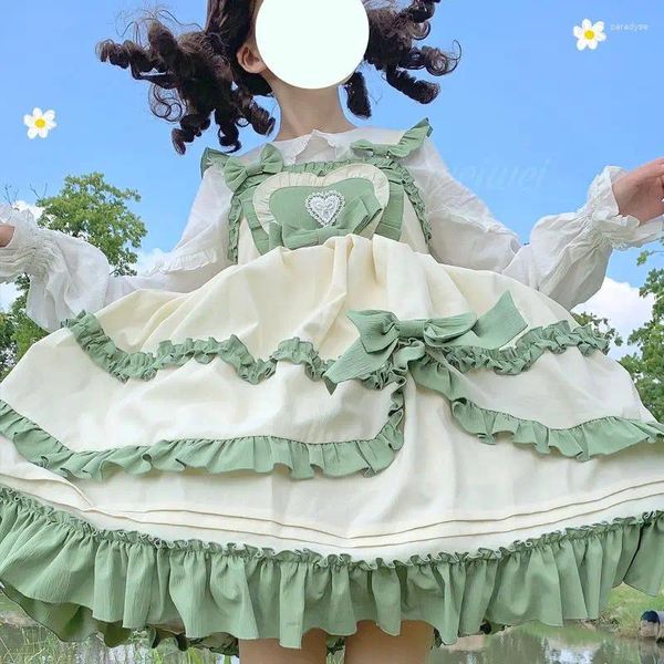 Lässige Kleider Japanisches viktorianisches süßes Lolita JSK-Kleid Frauen Pastoral Vintage Eleganter Bogen Rüschen Prinzessin Strap Girl Party