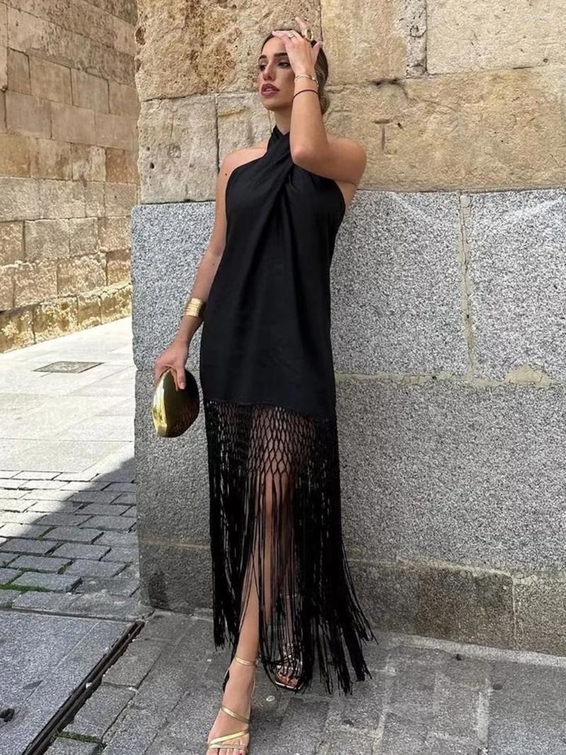 Sıradan Elbiseler Jastie Siyah Elegant Cross Halter Boyun Bayanlar Elbise 2023 Seksi kolsuz sırtsız uzun yaz moda püskül kadın