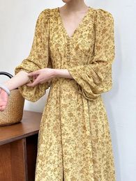 Robes décontractées Jastie élégant français col en V robe florale femmes printemps automne lanterne manches taille mince longue lâche jaune imprimé