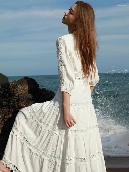 Robes décontractées Jastie été 3/4 manches col en V blanc femmes couture dentelle creuse robe brodée bohème bord de mer vacances maxi