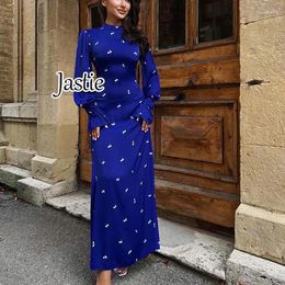 Vestidos informales Jastie Women's 2024 Vestido estampado Cuello redondo Manga larga Maxi Autumn Fashionable Drape Satin