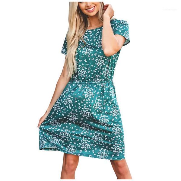 Vestidos casuales Jaycosin Verano Elegante Ocio O-Cuello O-Cuello Estampado de impresión Larga Vestido Mujer Manga corta 2021 Easy Sundresses 4251