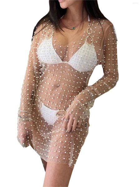 Vestidos casuales JBEELATE Mujer Verano Bikini Cubrir Ups Manga larga Rhinestone Malla Transparente Ver a través de la playa Traje de baño Traje de baño (Albaricoque S)