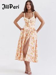 Robes décontractées jillperi imprimement floral midi d'été d'été avec poches femmes sexy longues tenues de bal robe de plage