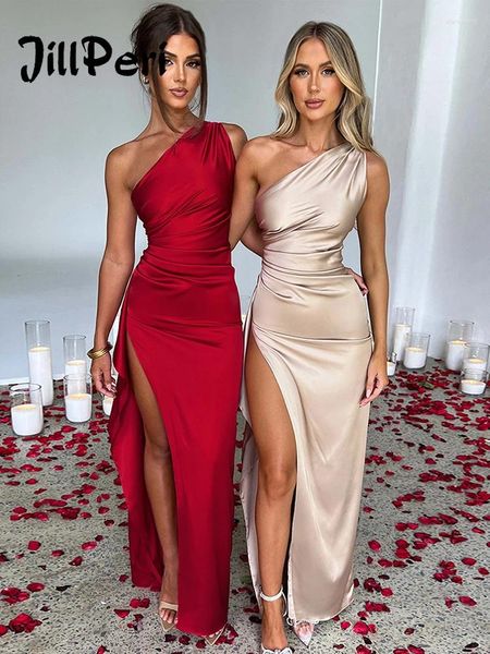 Robes décontractées JillPeri Satin Une épaule Sexy Maxi Robe de soirée Femmes High Slit Night Tenues de mariage Invité Dames Soirée