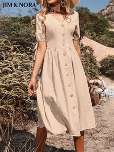 Casual jurken Jim Nora Vrouwen V Neck Button Down Casual Midi Dress A-Line Solid Summer Summer Jurken Kort Summer Jurken Fashion Sundress 230313