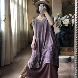 Robes décontractées Johnature 2024 Summer femme original Vintage Cotton Sans manchés robe mode V-Colon Retro Couleur solide Chinois Style