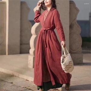 Casual jurken Johnature 2024 Vrouw veer v-neck massief kleur linnen retro jurk vintage lange mouwen losse Chinese stijl dess