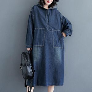 Casual jurken Johnature lange mouw denim losse plus size jurk 2023 veer vintage vaste kleur zakken met capuchons knop vrouwen