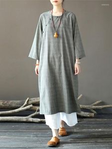 Robes décontractées Johnature femmes Style chinois robe à carreaux col rond 2023 printemps à manches longues a-ligne Vintage vêtements femme bouton