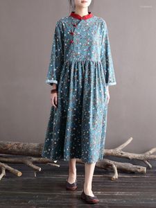 Robes décontractées Johnature femmes Vintage lâche Stand en détresse bouton à manches longues robe 2023 printemps Style chinois Patchwork vêtements
