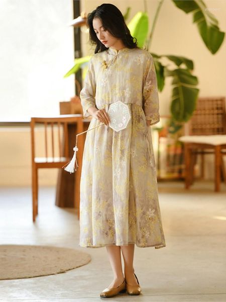 Vestidos casuales Johnature Mujeres Vintage Ramie Dress Stand Seven Sleeve Print Floral High Quality Cheongsam 2023 Spring Button A-Line