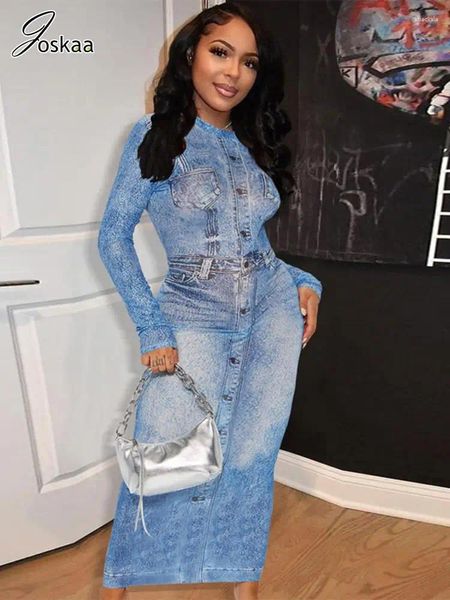 Robes décontractées Joskaa 3D Denim Impression Bodycon Maxi Robe Femmes Hipster Sexy O-Cou À Manches Longues Robe Slim 2024 Printemps Harajuku Streetwear