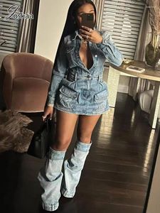 Casual jurken Joskaa blauw denim 3-delige set dames sexy revers knop lange mouwen mini-jurk en broek been bijpassende herfst 2023 streetwear