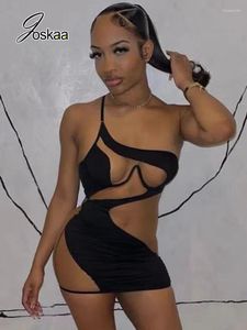 Robes décontractées Joskaa Mesh Patchwork Voir à travers Mini Summer Femmes 2024 Night Club Wear Sexy Une épaule Dos nu Bodycon Robe noire