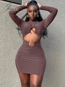 Casual Jurken Joskaa Nude Kleur Ronde Hals Lange Mouw Bodycon Jurk Sexy Hollow Out Folds Mini Voor Vrouwen 2024 Herfst nachtclubkleding