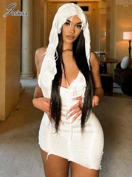 Robes décontractées Joskaa Sexy Glands Décoration Robe blanche Femmes Hipster Capuche Low Cut Dos nu Skinny Mini Été 2023 Party Clubwear