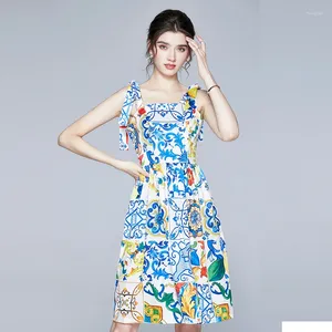 Vestidos casuales jsxdhk verano azul y blanco estampado de porcelana diseñadora diseñadora mujer spaghetti correa de la flor de la flor de las fiestas