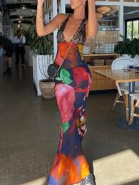 JULISSA MO Elegante Tie Dye Bloemen Chiffon Jurk Zomer Sexy Vrouwen Backless Kant Bodycon See Through 2024 Beach Party vestidos