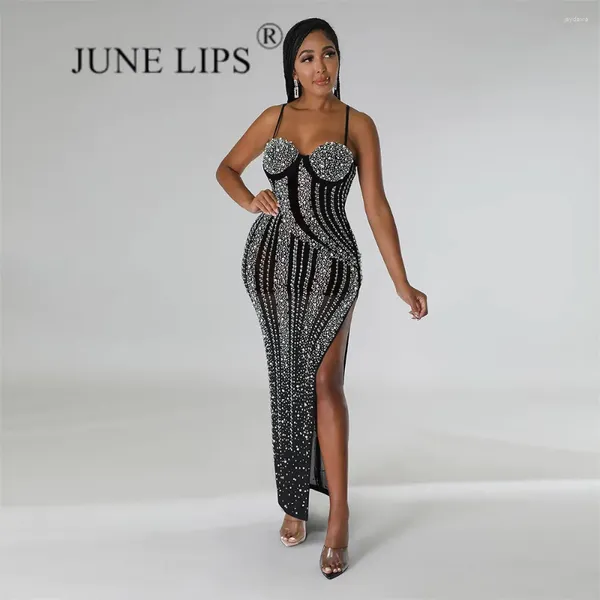 Vestidos casuales de junio Lip 2024 Strap de primavera/verano Strap negro Diamante Diamante Diamante Split Divish Women's Sexy Celebrity Club Fiest Vescan al por mayor