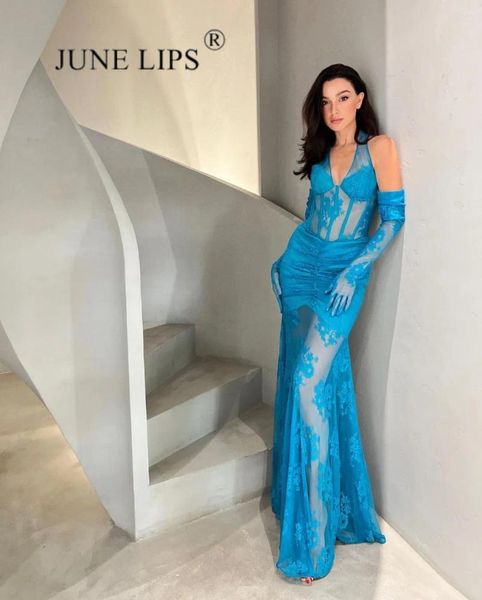 Vestidos casuales June Lips 2024 Spring/Summer Black Blue Lace Neck Hanging Guantes sexy Vestido semi transparente Club de celebridades para mujeres