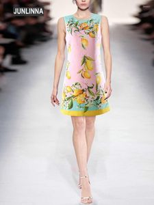 Vestidos casuales JUNLINNA Moda Mujer Verano Flor de limón Impreso Mini Vestidos A Cuello redondo Sin mangas Ropa de calle
