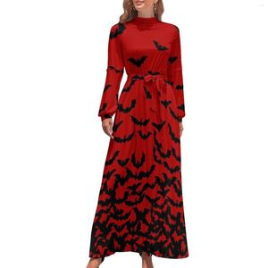 Casual Jurken Gewoon Vleermuizen Rode Jurk Hoge Hals Spooky Halloween Grafisch Boho Strand Lange Mouwen Mode Lange Maxi Kawaii Vestidos