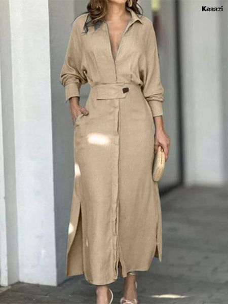 Robes décontractées Kaaazi Mode Maxi Robe pour femmes Luxe Élégant Couleur Solide Soirée 2023 Travail Split Chic Vêtements à manches longues Bureau